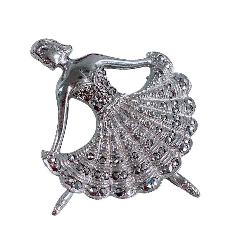 Vintage Dancing TipToe Ballerina Marcasite Brooch Pin Sterling Silver Dancer - Picture 2 of 5